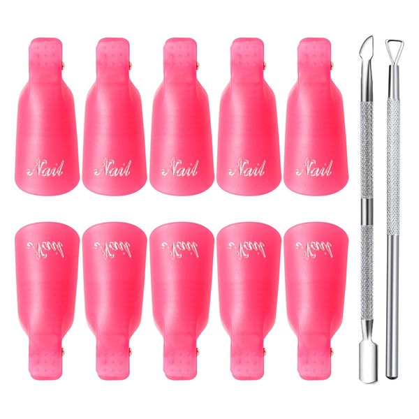 Qufiiry Nail Clips, 10 Pcs Nail Soak Off Clip, Nail Polish Remover Clips, Acrylic Gel Polish Clips (Pink) for Finger UV Gel Polish Removal with 2 Cuticle Pusher