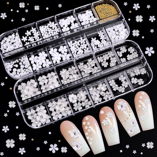 3D White Flower Nail Charms for Acrylic Nails, EBANKU 24 Grid Nail Art Decoration Flower Golden Beads Design Decals for Women Girls DIY Manicures Jewelry Salon Nail Studs Accessories