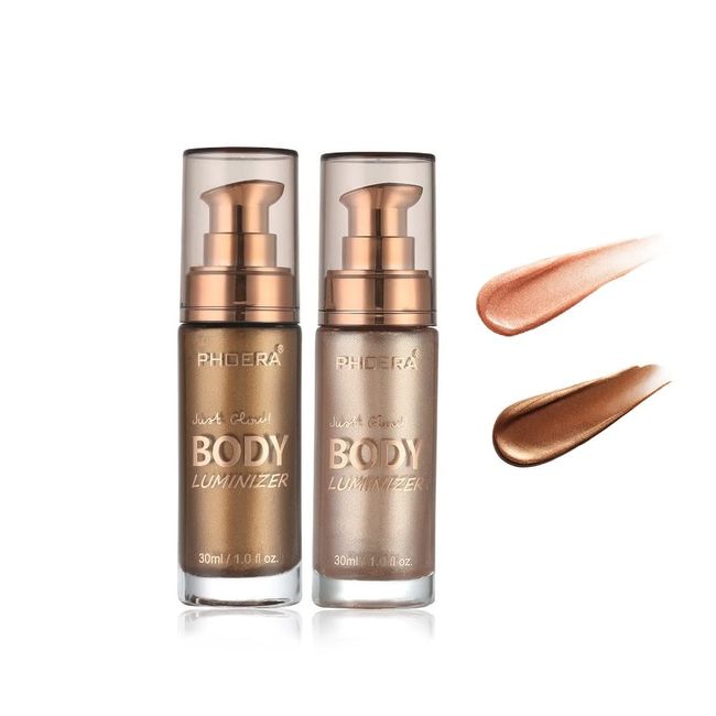 2 Pack Body Luminizer, High Gloss Waterproof Body Luminizer Glitter Face Shimmer Moisturizer Lotion Tan Cream Foundation Makeup Bronzer(101 Rose Gold+103 Glistering Bronze)