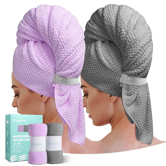 Deyarow 2 Packs Extra Large Microfiber Hair Towels,Super Absorbent and Fast Drying Hair Towel Wrap for Women Long,Curly,Thick Hair,Turbans for Wet Hair with Elastic Band (Purple,Gray)