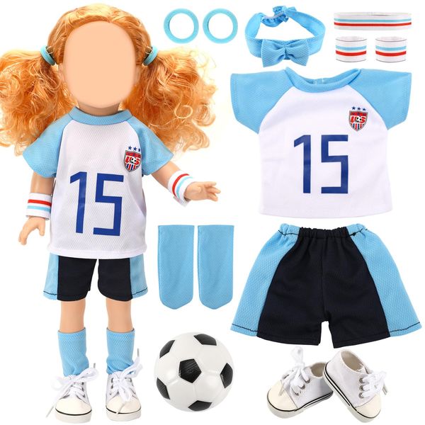 UPINS 18 Inch Girl Doll Clothes Accessories Team USA 8 Piece Soccer Uniform Clothing Includes Headband, Hair Bands Bracers Shirt Shorts Socks Shoes and Football Fits 18 inch Doll for Children's Day