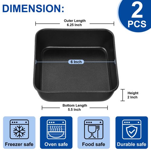 E-far 6 Inch Square Cake Pan Set of 2, Nonstick Small Baking Pan with Stainless Steel Core for Brownies Lasagna Cakes, Non-toxic & Easy Clean, 2 Inch Deep (Black)