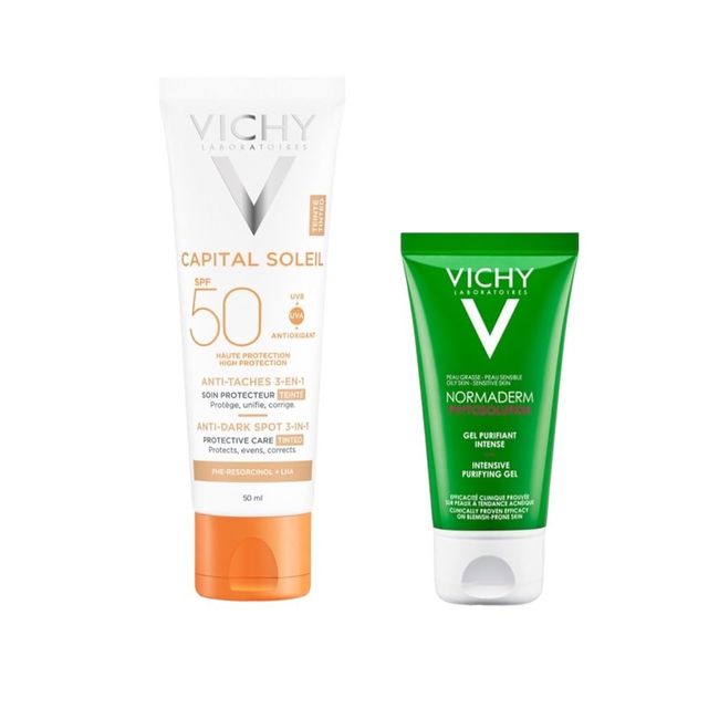 Vichy Capital Soleil SPF50 Leke Karşıtı Renkli Güneş Kremi 50ml ve Normaderm Yüz Temizleme Jeli 15ml Cilt Bakım Seti