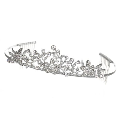 Flower Leaf Bridal Wedding Tiara Crown - Clear Crystals Silver Plating T627
