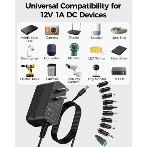 12V Power Supply AC Adapter 12 Volt Charger Universal Power Adapter for DC in 12V Power Cord with 10 Interchangeable Jacks for 1000mA 900mA 800mA 700mA 600mA 500mA 400mA 300mA 200mA 100mA Electronic