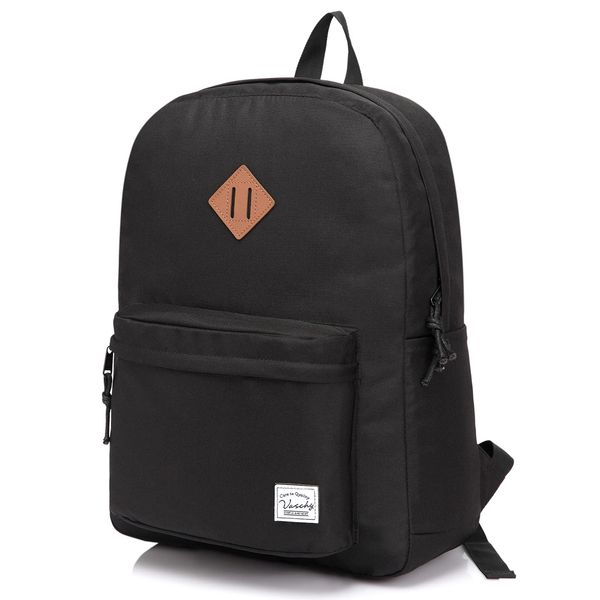 VASCHY Schulrucksack, leicht, wasserabweisend, Rucksack für Herren, Schulranzen, Damen, Kinder, Jungen, Freizeit, für Mädchen, Schule, Schule, Jugendliche, College, Business, Reise, Schwarz, one
