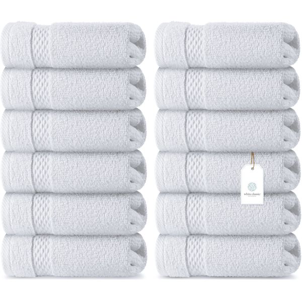 WhiteClassic Luxury Cotton Washcloths - Large Hotel Spa Bathroom Face Towel | 12 Pack | White