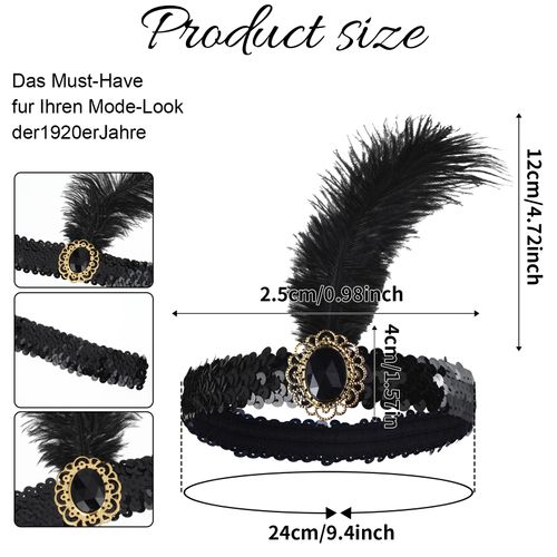 WLLHYF 1920s Headbands for Women Black Feather Hairband Rhinestone Crystal Flapper Headpiece 20s Vintage Beaded Leaf Hairband Hair Valentines Accessory for Girls Costume Party (Black Crystal)