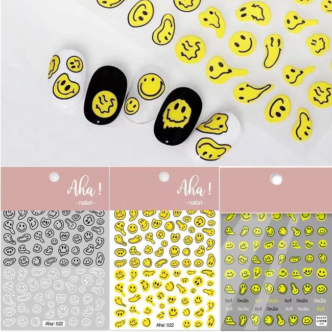 Smiley Nail Art Stickers New Twist Smiley Nail Art Stickers Doodle Fun Abstract Smiley Self Adhesive Nail Art Sticker Decal for Women Girls Kids Gift (3 pcs)