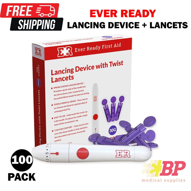 Ever Ready First Aid Lancing Device with 30-Gauge Twist Lancets - 100 Pack