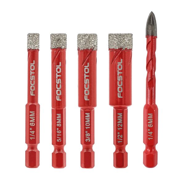 Dry Diamond Drill Bits Set - FOCSTOL 4pcs 6/8/10/12mm Diamond Hole Saw & 1pc 6mm Carbide Drill with Quick Change Hex Shank for Ceramic Porcelain Tile Marble Granite Quartz