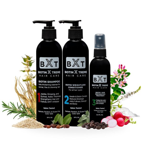 Hair Growth Bundle for Thinning Hair: Biotin Shampoo, Keratin Conditioner, and Hair Restoration Spray - Color Safe, Paraben and Sulfate Free