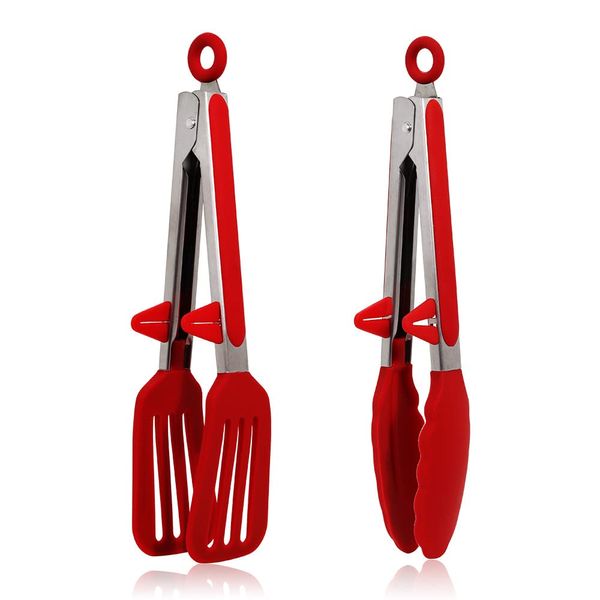 Kitchen Tongs, 9 Inch Silicone Tongs Set of 2 Food Safe Silicone Red Cooking Tongs Non-Slip Locking BBQ Tongs Serving Tongs Salad Tongs with Stainless Steel Handle