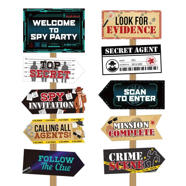 20 Pieces Secret Agent Secret Spy Birthday Party Decorations Detective Themed Party Directional Sign for Yard Mystery Crime Clue Evidence Decorations, 10 Styles