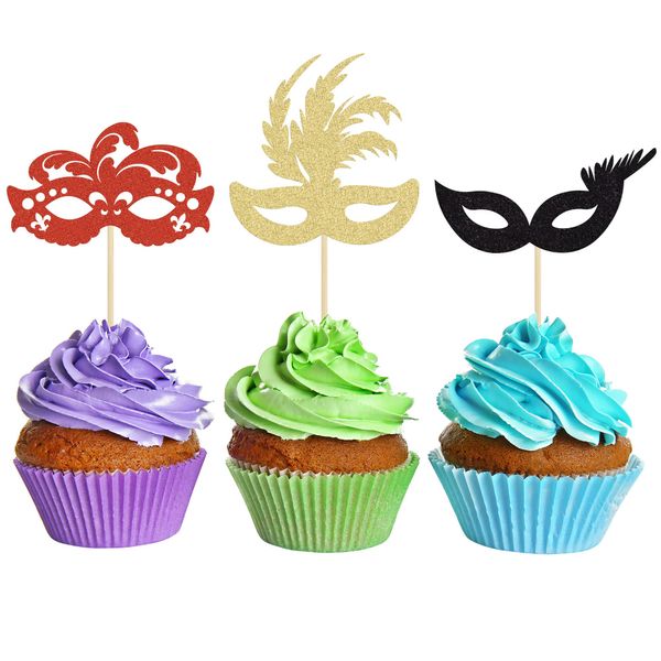 Gyufise 24 Pack Masquerade Masks Cupcake Toppers Black Gold Red Glitter Bachelorette Party Mask Cupcake Picks Mardi Gras Party Baby Shower Birthday Party Cake Decorations