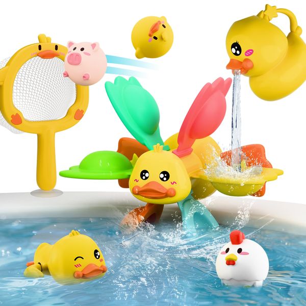 iPlay, iLearn Baby Duck Bath Toy, Toddler Bathtub Suction Water Spinner Gear, Kid Shower Fishing Game W/ Net, Light up Animal, Wind up Swimming Duck, Birthday Gift 6 9 12 Month 1 2 3 Year Old Boy Girl