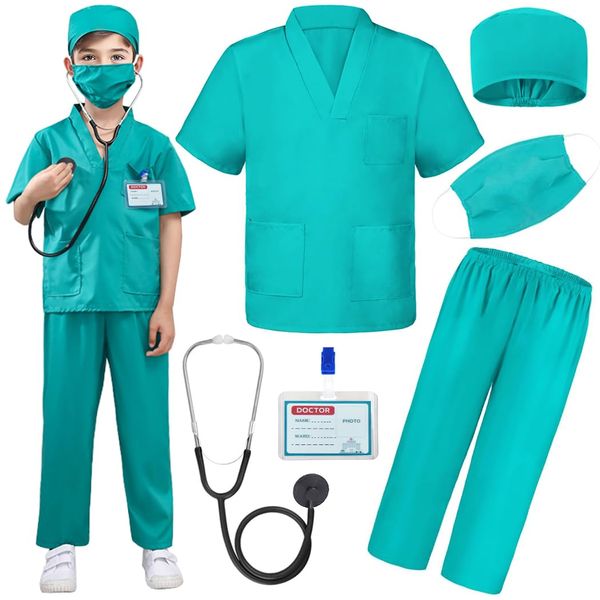 Doctor Nurse Scrubs, Kids Role Play Doctor Costume With Realistic Accessories for Boys Girls Ages 3-12(Doctor Scrubs, Light Green/7-9T)