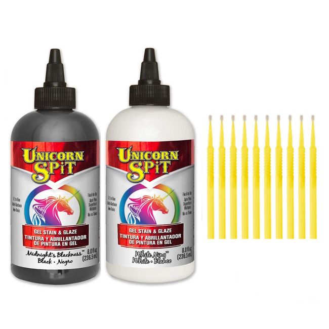 Unicorn SPiT Gel and Glaze Stain Classic Black and White Collection: 8 oz. Bottles with Trebbies Detail Sticks (Midnight's Blackness and White Ning)