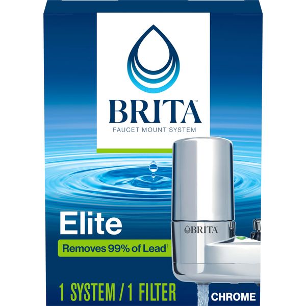 Brita Faucet Mount System, Water Faucet Filtration System with Filter Change Reminder, Reduces Lead, Made Without BPA, Fits Standard Faucets Only, Elite, Chrome, Includes 1 Replacement Filter