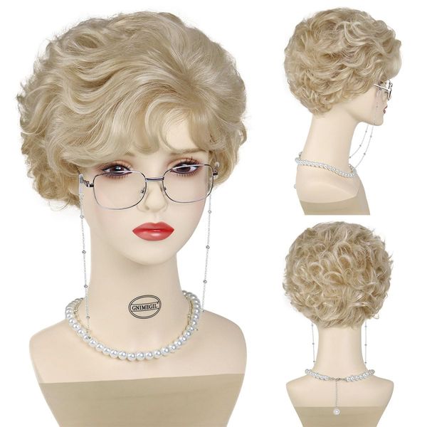 GNIMEGIL Golden Blonde Wig Short Curly Pixie Cut Wigs with Bangs for Women Natural Synthetic Layered Wigs Glasses Chain Necklace 4 Pieces Set Cosplay Wig