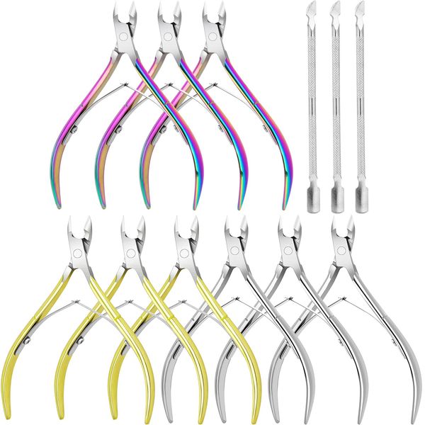 12Pack Cuticle Trimmer, Cuticle Nipper With Cuticle Pusher Cuticle Nipper Cuticle Remover Cutter Stainless Steel Nail Cuticle Trimmer Manicure Pedicure Tools For Finger, Toenails-Gold, Rainbow, Sliver