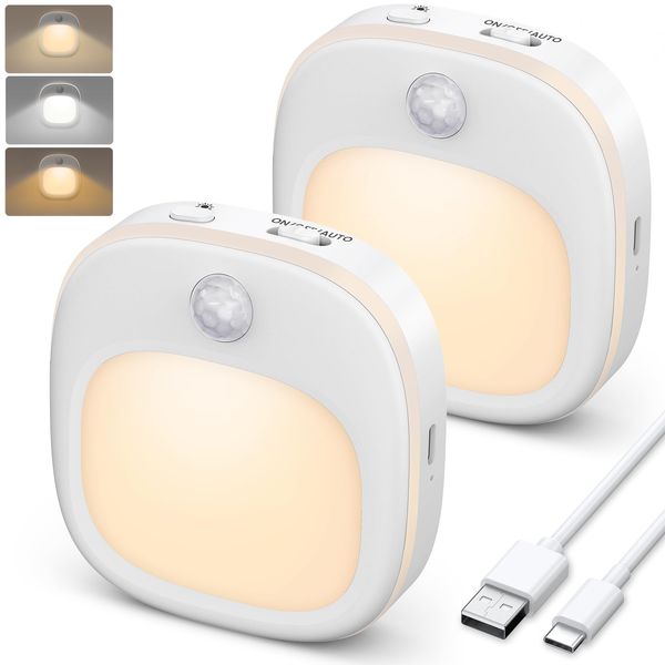 ANOPU Motion Sensor Lights Indoor, 2 Pack Rechargeable Night Light with 3 Colour Temperature, 5 Brightness and AUTO/ON/Off Modos, Stick on Lights with Magnetic Strips for Bathroom, Bedroom, Stairs