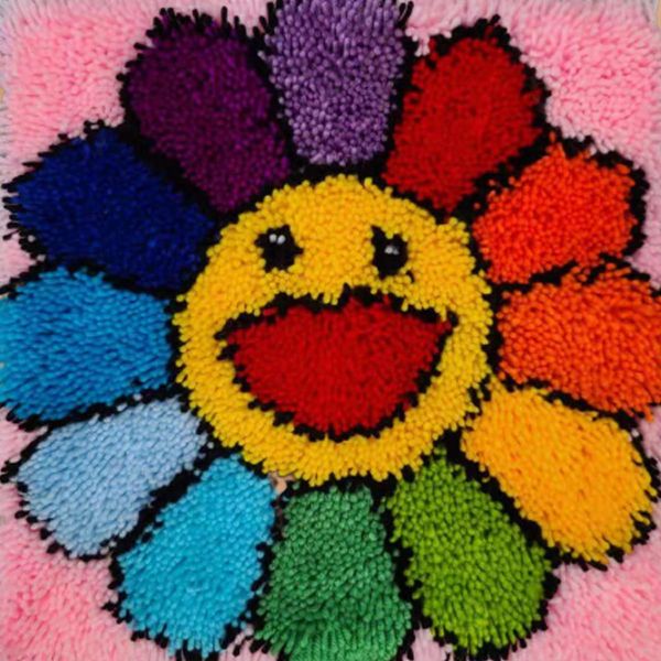 YOOTOM Smile Flower Latch Hook Rug Kit for Kids, Latch Hook Carpet Set, DIY Handmade Crochet Mat Knotted Cushion Yarn Needlework Handcrafs, Color Pattern Pre-Printed, 16x16in