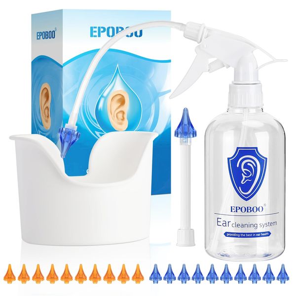 Ear Wax Removal Kit, Ear Wash Kit Includes Ear Bottle, Ear Basin & 20 Reusable Tips- Safe, Effective & Simple to Use Ear Flush Kit, w/Rigid Pipe & Soft Tube - for Personal Use or Family Use