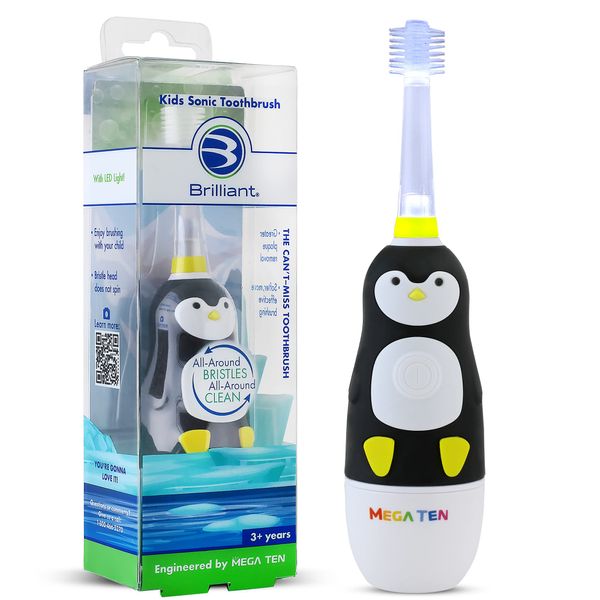 Brilliant Kids Sonic Toothbrush Characters – Kids Electric Toothbrush with Flashing Lights and Fine Bristles - Fun Brushing for Parent and Child, Ages 3-8 (Penguin)