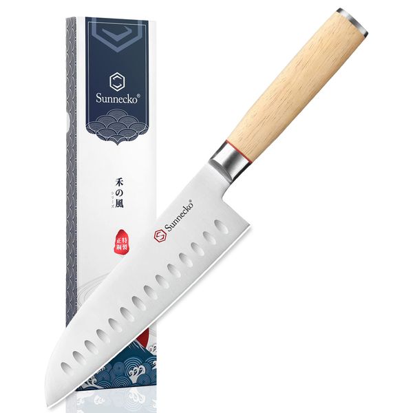 Sunnecko Santoku Knife, Stainless Steel, 7.1 inches (180 mm), Wooden Handle, All-Purpose Knife, Double Edged, Vegetable Slicing, Meat Cleaver, Fish Knife, Bread Knife, Gift (Knife 7.1 inches (180 mm)