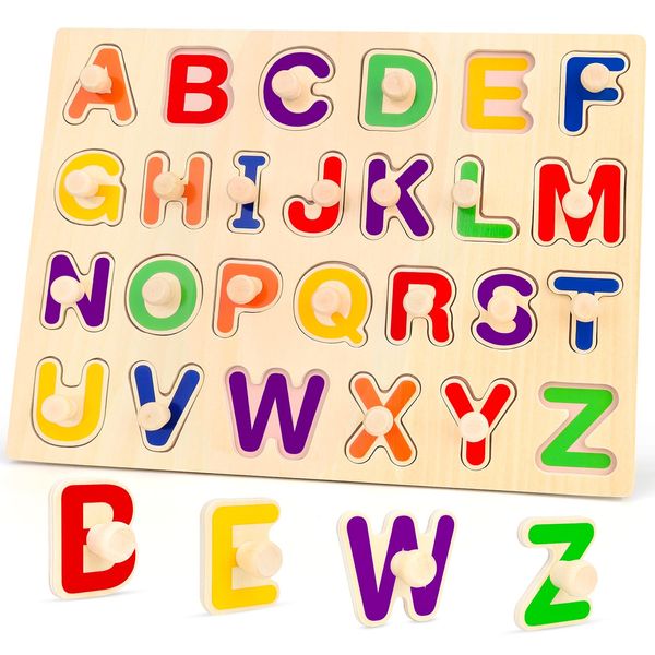 Jumlys Montessori Toys for Toddlers 1, 2, 3 Year Old, Wooden Alphabet Peg Puzzles for Baby 12-18-24 Months, Early learning & Educational Toys, Perfect Christmas Birthday Gifts for Boys & Girls Age 1-3