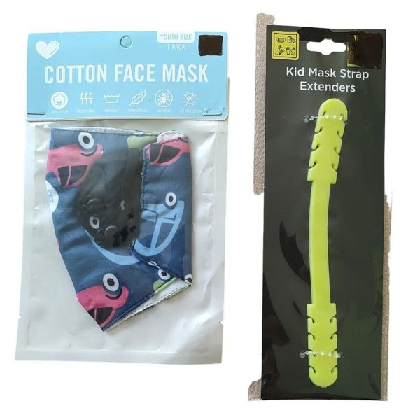 Lot of 2 Cotton Non-Medical Car Face Mask Youth Size & Kids Mask Strap Extender