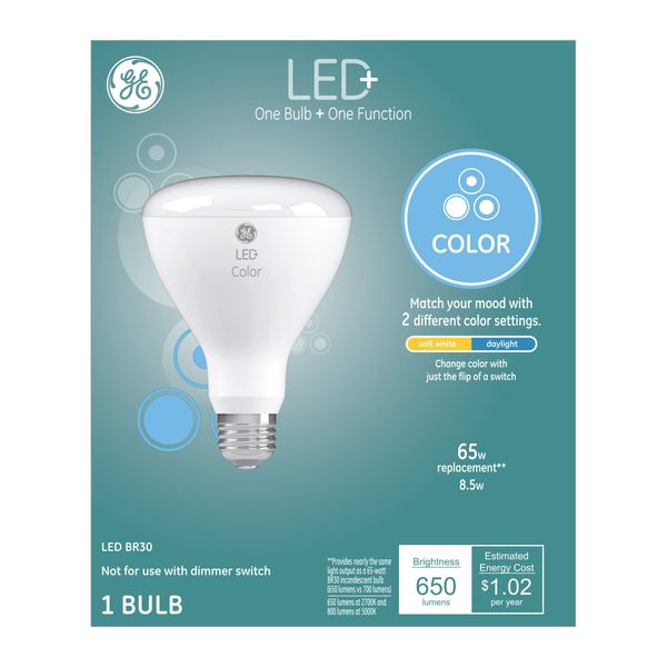 GE LED+ BR30 Soft White/Daylight LED Light Bulb with Remote, 8.5W, No App or Wi-Fi Required (1 Pack)