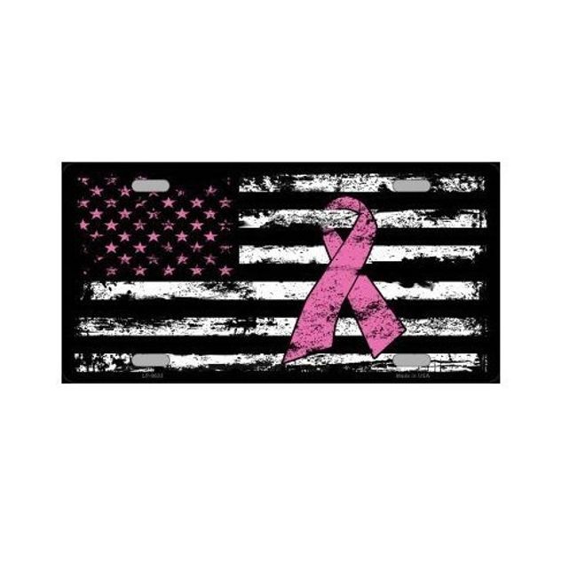 Vintage American Flag Pink Ribbon Breast Cancer Awareness Novelty Vanity License Plate Tag Sign