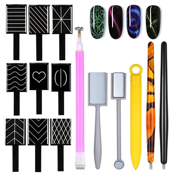 15Pcs Cat Eye Magnetic Nail Polish Kit,Nail Magnets Cateye for Nails Art, Double-Head Nail Magnetic Cat Eye Gel Nail Polish Magnet Wand Strong Suction Board Nail Manicure Tool Set for Nail DIY Salons.