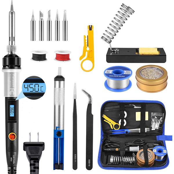 Putusen Soldering Iron Set, 80 W, Temperature Adjustable, LED Digital (200°C - 450°C), On/Off Switch, Precision Soldering Iron with 5 Chips, For Electronic Work and Electrical DIY Use, Everyday Home