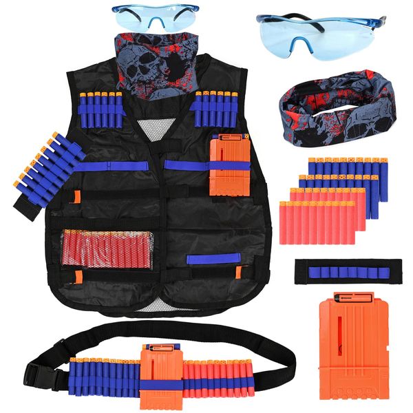 LUUFAN Tactical Vest Kit for NERF Guns Series with Reload Clips, Refill Darts, Wrist Band, Tactical Mask Protective Glasses and Darts Belts for Boys Girls Birthday Gift