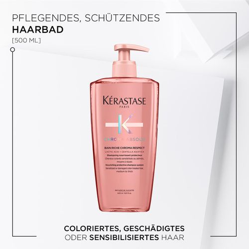 Kérastase Shampoo for Damaged or Damaged and Coloured Hair, Nourishing Hair Bath, Bain Riche Chroma Respect, Chroma Absolu, 500 ml