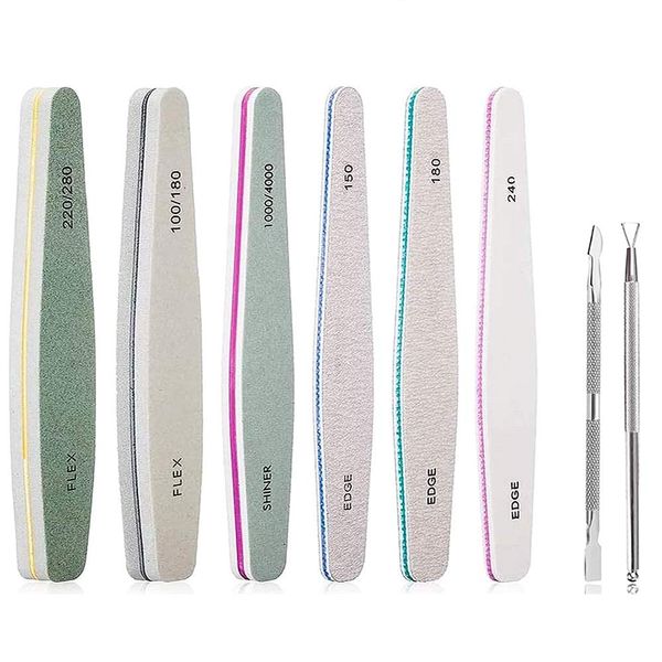 Aibboy Gel Nail File Set, Sponge Buffer, Cuticle Pusher, Gel Nail File, Nail File, Nail Polishing, 150, 180, 240, 100/180, 200/280, 1000/4000 Grit, Set of 8