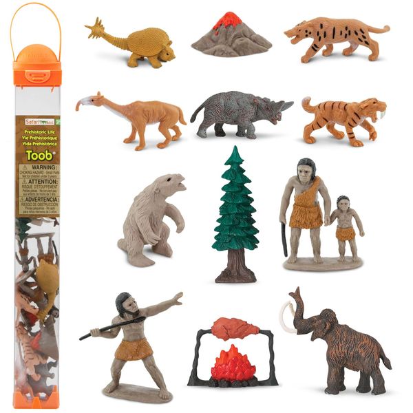 Safari Ltd. Prehistoric Life TOOB - 12 Figurines: Caveman, Cavewoman, Volcano, Mammoth, Doedicurus, Smilodon, Sloth, Dinosaurs - Educational Toy Figures For Boys, Girls & Kids Ages 3+