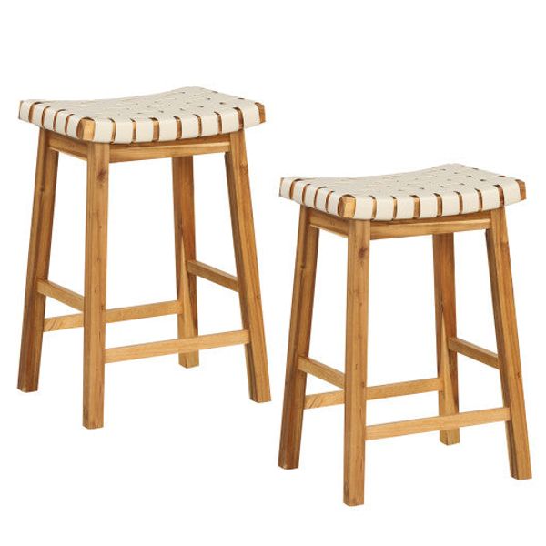 Faux PU Leather Bar Stools Set of 2 with Woven Curved Seat Natural-25.5 inches