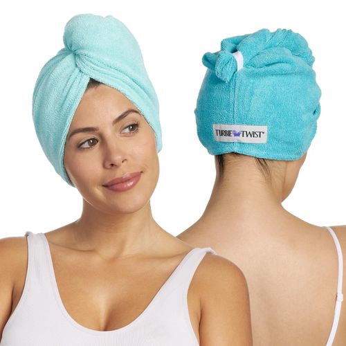 Turbie Twist 2-Pack Microfiber Hair Towel for Beauty, Travel, Gifting - Wrap Turban for Straight, Wavy & Curly Hair - Premium Personal Care - Dark Aqua & Light Aqua