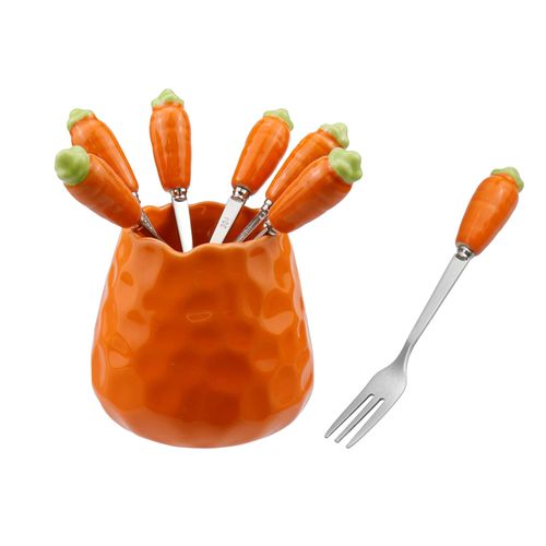 Geesatis Fruit Fork,Stainless Steel Bento Picks for Kids with Ceramic Handles,1 Ceramic Jars Set of 6 Cute Fruit Forks,Mini Cartoon Fruit Fork（Orange Carrot Style）