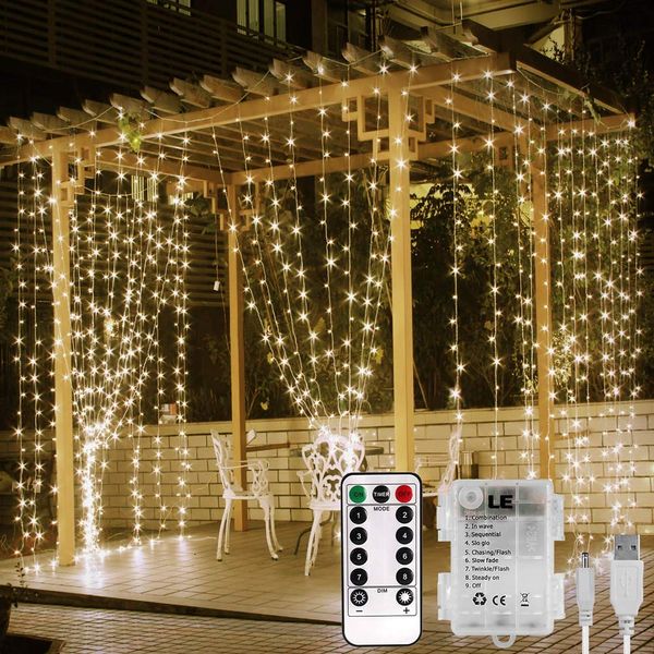 Lighting EVER Curtain Lights Battery Operated & USB Plug in, Remote, 10 x 10 ft Hanging Fairy Lights for Bedroom Wall, 300 LED Indoor Outdoor Backdrop Lights for Wedding Party, Patio Gazebo