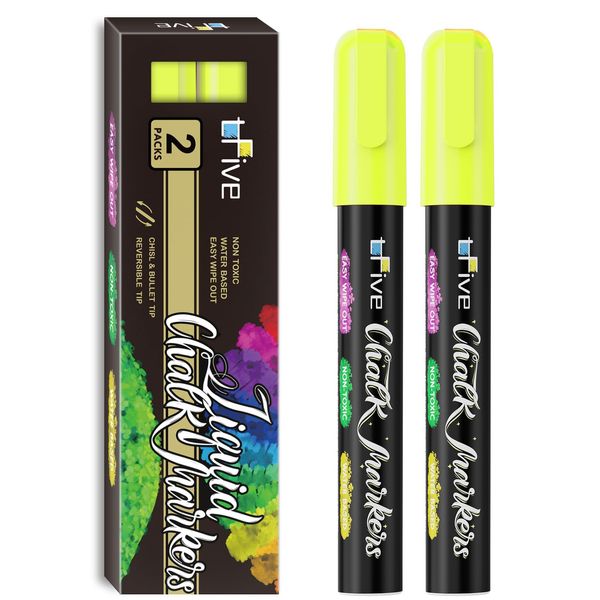 Yellow Chalk Markers - Dry & Wet Erase Marker Pens for Chalkboards, Signs, Windows, Blackboard, Glass, Mirrors, Liquid chalkboard markers with Reversible Tip (2Pack) TF900