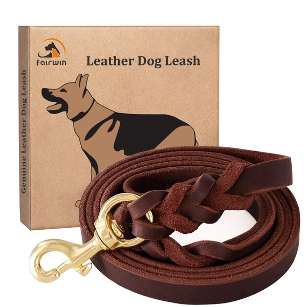 FAIRWIN Braided Leather Dog Training Leash 6 Foot - 5.6 Foot Military Grade Heavy Duty Dog Leash for Large Medium Small Dogs (M:5/8" x5.6ft, Brown) 004