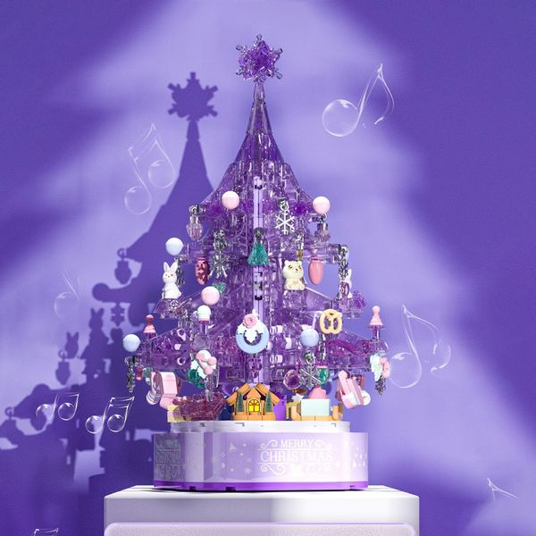 YILETKC Purple Crystal Christmas Tree Building Block Set, 729 PCS Christmas Music Box Bricks Model Kit, Construction Toy for Adults Girls