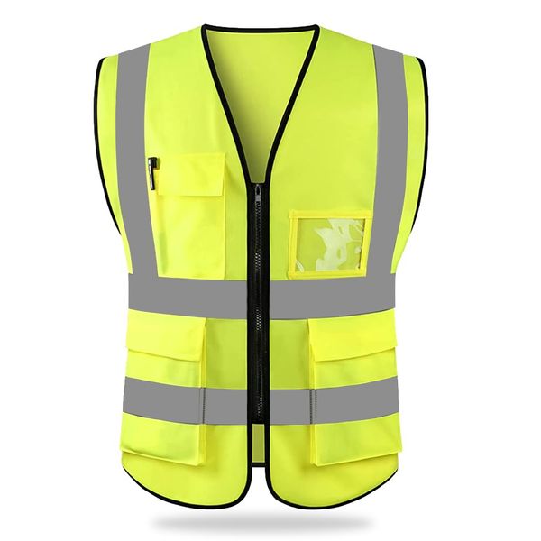 HYCOPROT Hi Vis Viz High Visibility Reflective Safety Vest Waistcoats Jacket Workwear Executive Zip 2 Band Security Mobile Phone Pocket ID Holder (Yellow, XL)