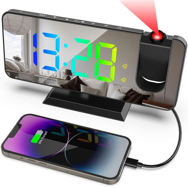 Hanaix Projection Alarm Clock for Bedroom Ceiling,11 Colors RGB Digital Clock Large Display, 7.3'' Large Mirror Screen with Dual Alarm,5 Auto Dimmer,12/24H, Snooze,180°Projector on Ceiling