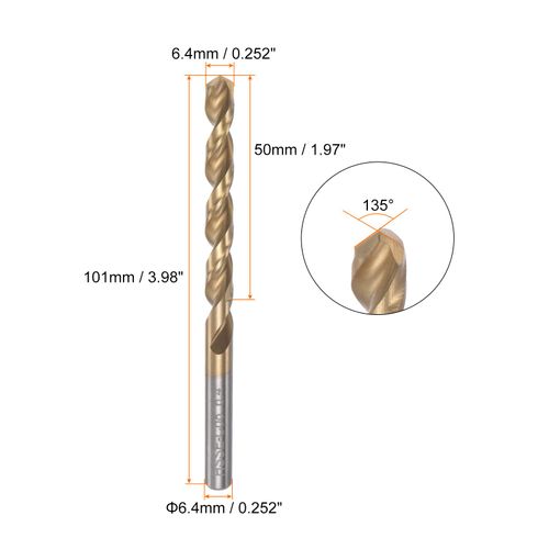 sourcing map Twist Drill Bit 6.4mm Titanium Coated (HSS-E) M42 High Speed Steel 8% Cobalt Straight Shank for Stainless Steel Aluminum Alloy Metal